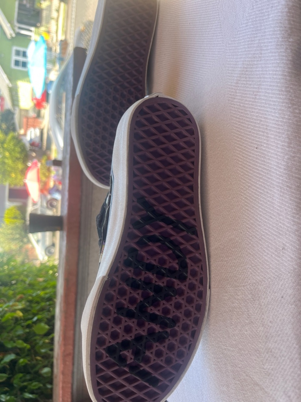 Vans Men’s Black Sneakers with White Midsole and Purple Waffle Outsole